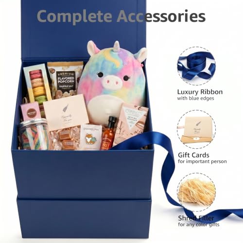 Image of LIFELUM Navy Blue Cube Gift Box 8.6 x 8.6 x 8.6 inch, 1 Pack Magnetic Closure Gift Box with Ribbon, Greeting Card, Shredded Paper Filler for Business, Graduation, Birthday Gifts