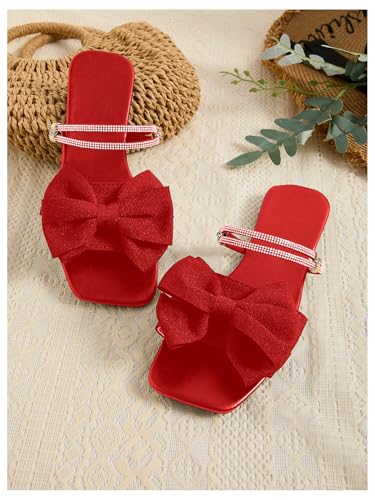 Image of GORGLITTER Women's Bow Flat Sandals Dressy Rhinestone Comfortable Sandals | Cute Slip On Slides, Strappy Flats, Square Toe, Sparkly Dressy Party Wedding Sandals for Bride