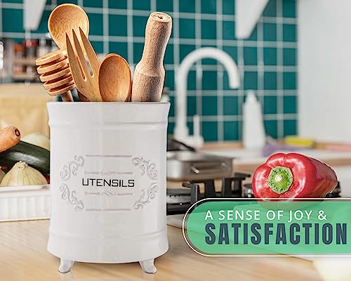 Comfify White Ceramic Utensil Holder – Vintage Style Kitchen Caddy – Shabby Chic Countertop Organizer – Rustic French Country Crock for Cooking Enthusiasts - Image 7