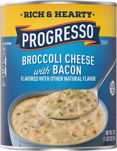 Image of Progresso Rich & Hearty Broccoli Cheese Soup with Bacon, Gluten-Free, 18 oz | Tender broccoli, Real bacon bits in creamy cheese broth, No artificial flavors, No colors from artificial sources