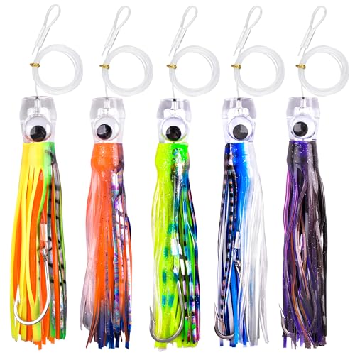 Saltwater Fishing Lures 6/9inch Trolling Lures for Marlin Mahi Tuna Dolphin Shark Big Game Deep Sea Fishing Baits Squid Skirts Rigged Hooks Ocean Gear Tackle