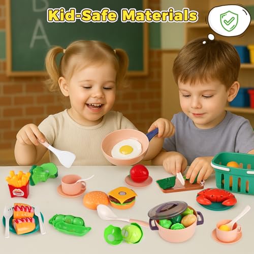 LovesTown 59PCS Play Kitchen Accessories with Basket, Pink Pretend Play Food Set for Kids with Pots Pans Tableware Kitchen Cooking Toys for Toddler Gifts for Boys Girls - Thumbnail 4