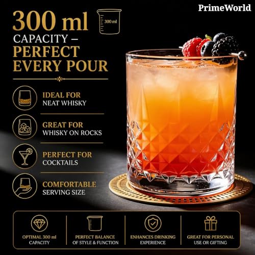 Image of PrimeWorld Diamond Rome Cut Crystal Whiskey Glasses Set of 6 pcs- 300 ml Bar Glass for Drinking Bourbon, Whisky, Scotch, Cocktails, Cognac- Old Fashioned Cocktail Tumblers