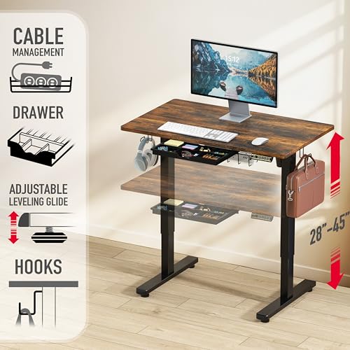Image of SHW 40-Inch Electric Height Adjustable Standing Desk with Drawer, Memory Preset and Cable Management Tray, Rustic Brown
