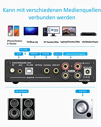 Fosi Audio DA2120A HiFi DAC Verstärker, 2.1CH CS8422 aptX-HD Stereo HiFi-Verstärker Bluetooth 5.0,...