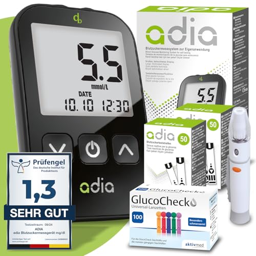 Maxi-Sparset : adia Blutzuckermessgerät (mmol) + 110 Blutzuckerteststreifen, 110 Lanzetten, 1 Stechhilfe, 1 Etui, zur Blutzucker-Selbstkontrolle bei Diabetes Maxi-Sparset : adia Blutzuckermessgerät (mmol) + 110 Blutzuckerteststreifen, 110 Lanzetten, 1 Stechhilfe, 1 Etui, zur Blutzucker-Selbstkontrolle bei Diabetes
