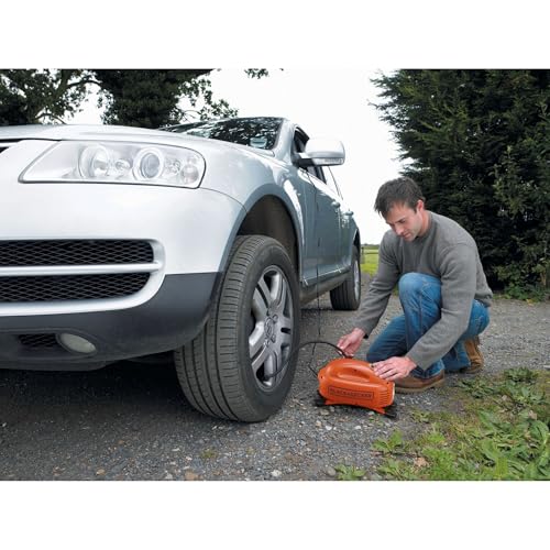 Image of BLACK + DECKER ASI200-XJ Tyre Inflator, 8.27 bar / 120 PSI Compressor with 12 V Cigarette Lighter Socket Digital Display Automatic Shut-Off with 3 Valve Attachments 3.1 m Cable