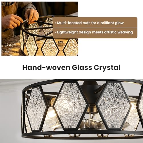 RUIYEY Crystal Ceiling Fans with Lights: 19 inch Black Caged Fandelier Ceiling Fan with Remote, Height Adjustable Reversible 7 Blades 6 Speeds E26 4 Light Modern Flush Mount Ceiling Light for Bedroom by RUIYEY - Used condition - Image 4