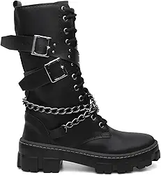 Coturno Feminino Gótico, Bota Cano Alto Preta com Correntes e Fivelas, Sola Tratorada, Material Sintético, Estilo Rock Urbano, Fechamento com Zíper Lateral
