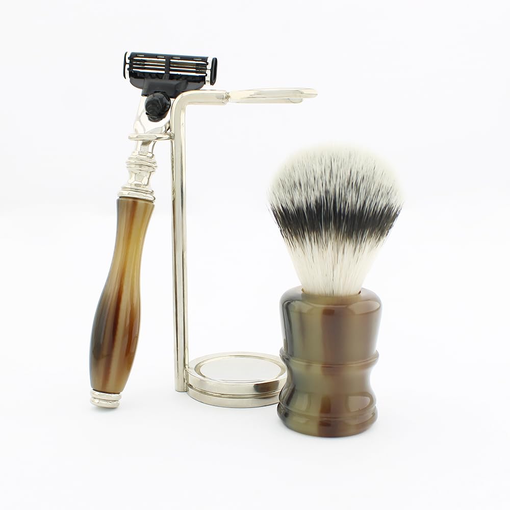 Neu Horn Luxus Collection - Prämie,Nass Rasierset - 3-teiliges & Gebrauchsfertig - Synthetisch Silbern Spitze Dachs & Triple Edge Rasierer > mit einem Vorinstalliert Kartusche - 3-klingen