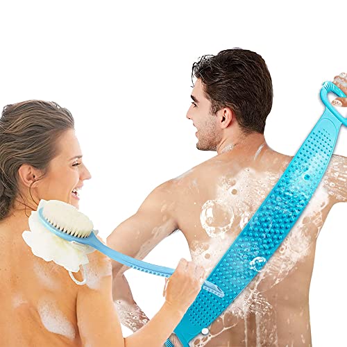 2 Pièces Brosse dos douche à double face, Manche long Poils naturels Brosse à dos la douche, Brosse silicone pour le dos double face épurateur de dos, pour le Brossage Sec Ou Humide Cover