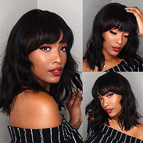 Wigs for Women with Bangs Black Bob Wig Short Curly Wavy Cheap Wigs Synthetic Colorful Wig for Daily Party Use 12 Inch Shoulder Length Costume Wigs Alicoco (12inch, black)