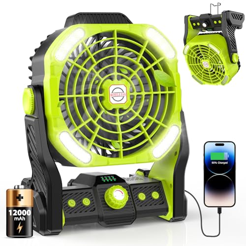 DOWILLDO Portable Camping Fan for Tents - 12000mah Rechargeable Battery Operated Fan With LED Light, Portable Travel Fans for Home, Desk, Outdoor, Sleeping(Green)