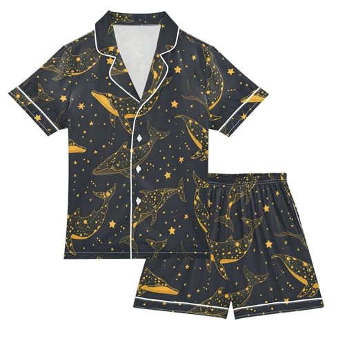 ALAZA Yellow Line Star Whale Pajamas Satin Pajama Set Short Sleeve Button Down Sleepwear