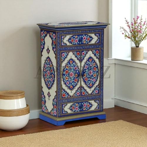 Image of APRODZ Hand-Painted Solid Wood Sideboard Cabinet with 2 Doors & 2 Drawers | Wooden Storage Cabinet for Bedroom Living Room & Kitchen | Crockery Cabinet, Kitchen Storage | Multicolor, 24x12x36 Inches