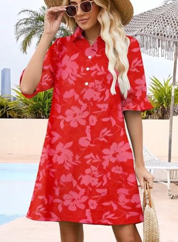 Image of Womens Summer Shirt Mini Dresses 2026 Beach | Flowy Shift Dress, Button V Neck, Polo Collar, Ruffle Short Sleeve, Floral Boho Style, Casual Vacation Outfits with Pockets