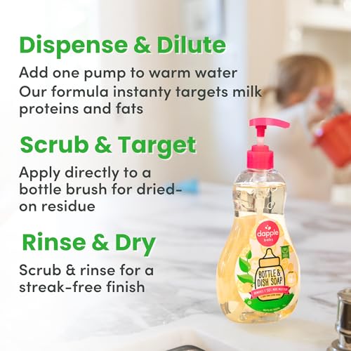 Image of Dapple Baby Fresh Citrus Bottle & Dish Soap - (4 Pack) 16.9 fl oz - Cleans Baby Bottles, Sippy Cups, Pacifiers, Breast Pumps, & More - Gently Removes Milk Film & Odors - Includes 1 Pump