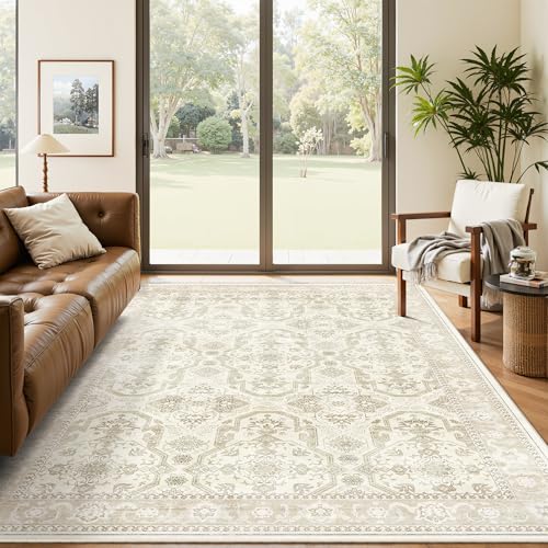 Soalmost Alfombras de área de 5 x 7 pies, lavable, resistente a las manchas, alfombras de área de 5 x 7 pies para sala de estar, dormitorio, comedor, alfombra vintage gris de granja, beige