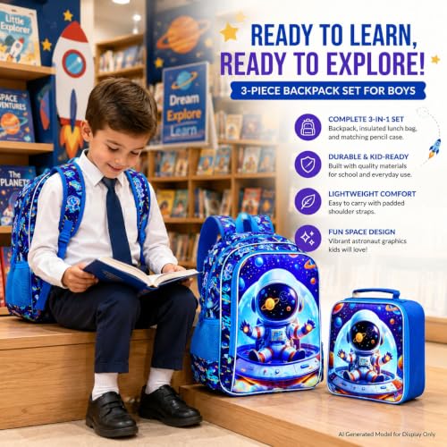 Image of 3Pcs Space Backpack for Boys, School Astronaut Bookbag with Lunch Box, 16 inch Kids Backpacks for Elementary Preschool Kindergarten (Blue)