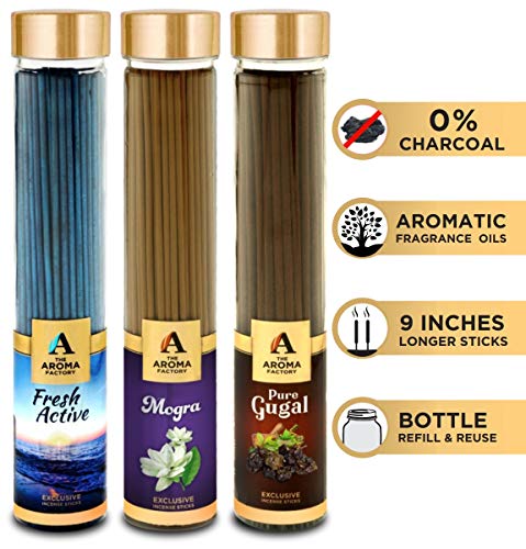 Image of The Aroma Factory Fresh Active,Gugal & Mogra Agarbatti for Pooja,Luxury Incense Sticks,100% Herbal Fragrance Agarbathi, 0% Surphates (Bottle Pack of 3x100g)