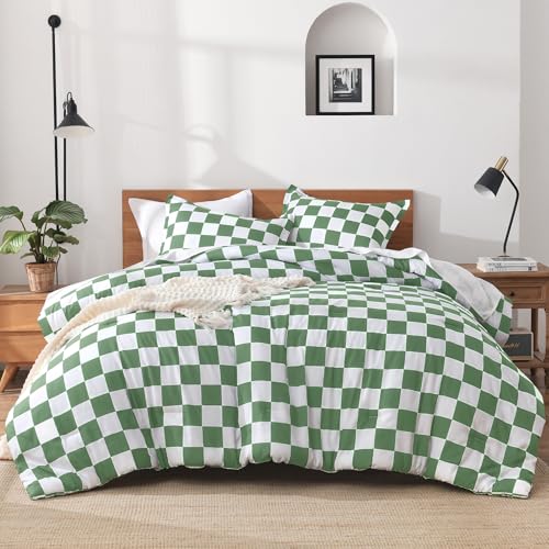 Image of Andency Green Checkered Comforter Full(79x90Inch), Plaid Gingham Buffalo Grid Bedding Comforter Sets for Boys Kids Teens, 3 Pieces Lightweight Polyester Geometric Preppy Bed Set