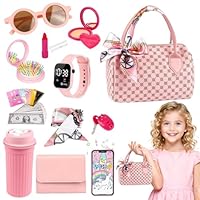 Jonuin Play Purse for Little Girls, 32PCS Toddler Purse with Pretend Makeup Kit, Pretend Play Toy Purses with Handbag, Phone, Watch, Water Bottle, Fun Makeup and Role Playing Toy Gift for Kids Girls