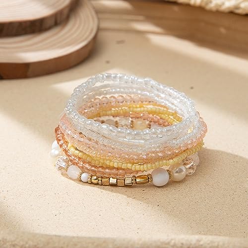 Pingyongchang Bohemian Stackable Bead Bracelets for Women Multilayer Stretch Bangles Bracelet Set Handmade Multicolor Crystal Beaded Bracelets Set Boho Charms Jewelry4