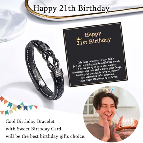 13th 16th 17th 18th 21st Birthday Gifts for Boys Him Male, Happy Birthday Leather Bracelet Gifts for 13 16 18 21 Year Old Boy Male Man Son Grandson Nephew Brother Friend with Sweet Birthday Card3