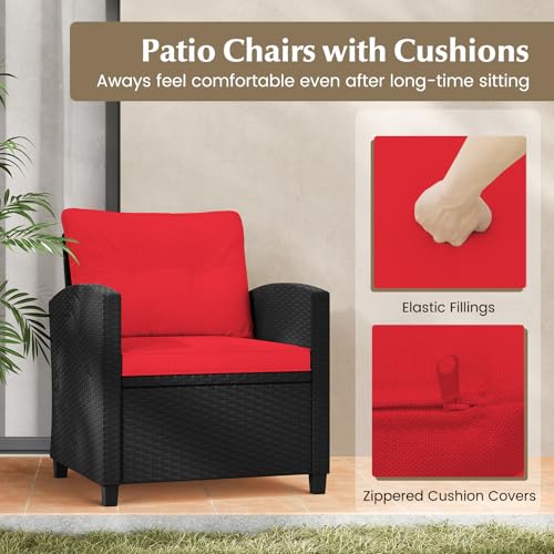 Image of Tangkula 3 Pieces Patio Furniture Set, Rattan Conversation Set w /Soft Seat & Back Cushions, Tempered Glass Topped Coffee Table, Cushioned Wicker Seating for Backyard, Porch, Poolside (Red)