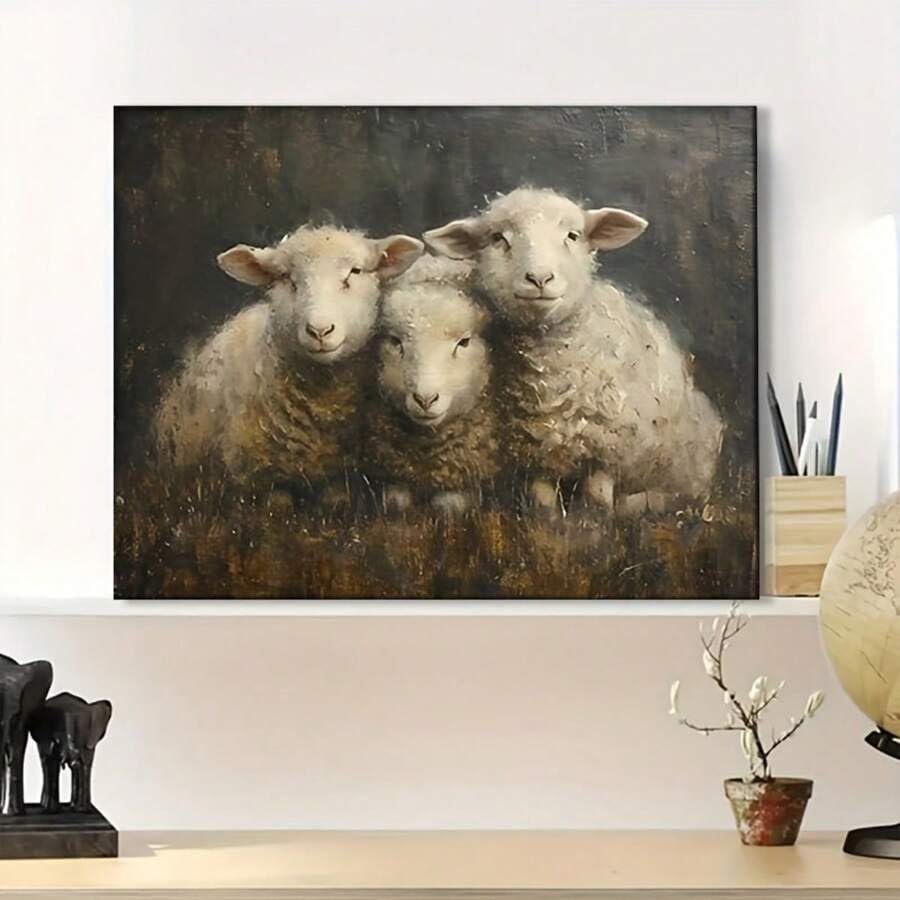 Toile murale trois moutons pour réchauffer un salon rustique - 3
