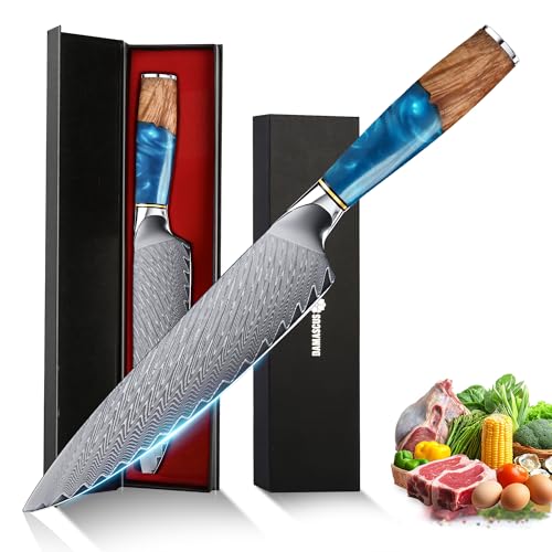 hoforife Couteau de Chef, Couteau Japonais Damassé 67 Couches avec Âme en Acier VG10 Haute Teneur en Carbone, Manche Ergonomique en Bois, dans son Écrin...