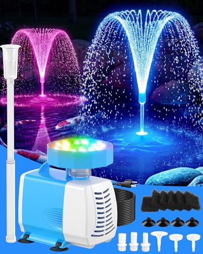 3-in-1 Submersible Pump RGB Pond Filter Kits 2026 Upgraded Pond Filter Fountain with 7 Colorful Lights Pond Fountain Pump with 3 Spray Modes 660GPH Submersible Water Pump for Pond Fish Tank-blue