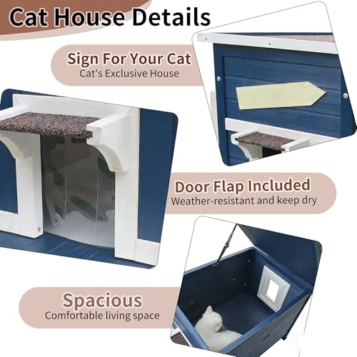 Rockever Outdoor Cat House, Large Outdoor Houses for Feral Cats Wooden Outside Cat Shelter Weatherproof with Escape Door