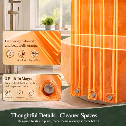Image of EHZNZIE Orange Shower Curtain Liner 72x72, PEVA Waterproof Bath Curtain, No Chemical Smell, 3 Weighted Magnets, Durable with Rustproof Metal Grommets