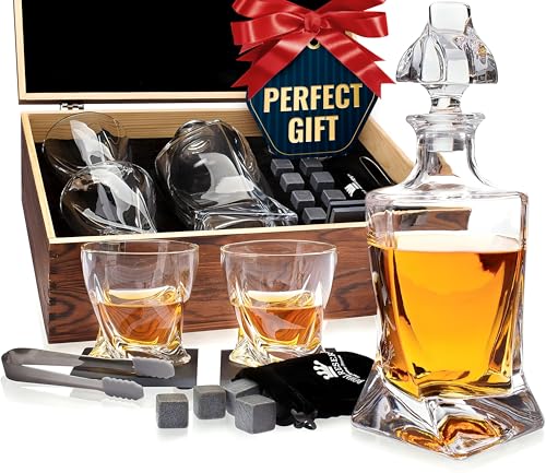 Whiskey Decanter Set by Royal Reserve – Whiskey Gifts Set - Twisted Bourbon Decanter 24 oz with Glasses, Whiskey Stones, Coasters, Tongs – Gift for Men, Husband, Boyfriend - Dad Gifts