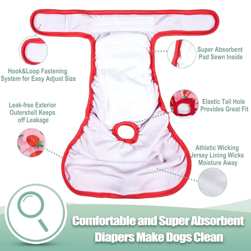 Image of wegreeco Female Dog Diapers, Washable Reusable Pet Puppy Doggie Diapers for Small Medium Large Female Dogs in Heat Period, Doggy Period Panties, 5 Pack, X-Large, Strawberries