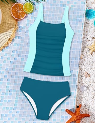 Image of Girls Tankini Swimsuit Solid Color Blocking Two Piece Bathing Suit Ruched Slimming Teen Girls' Swimwear for 9-18Years