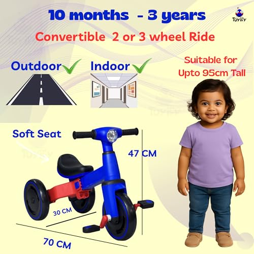 Image of 3-in-1 Toddler Tricycle & Balance Bike for Toddlers 1-3 Years, Easy-Assemble Baby Trike with Silent Wheels, Sturdy Safe Frame, Indoor & Outdoor Ride-On Bicycle for Boys & Girls (Blue Red)
