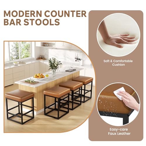 Image of Bar Stools Set of 2, 24in Counter Height Barstools, Faux Leather Counter Stools with Thick Square Seats & Sturdy Metal Base, Modern Bar Chairs for Kitchen Island (Caramel)