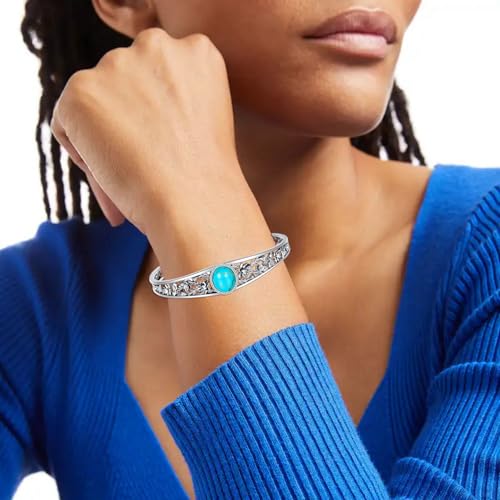Genuine Turquoise Vintage Lotus Flower Bracelet, Sterling Silver Boho Adjustable Cuff Bangle Native American Jewelry for Women, Fit for 6.5 7 7.5 Inches3