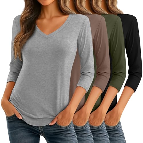 Ficerd 4 Pack Women's 3/4 Sleeve T Shirts, V Neck Casual Tunic Tops Loose Fit Cotton Shirts Solid Color Summer Tees