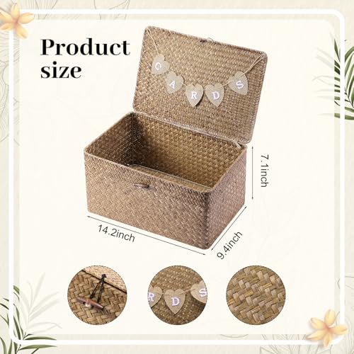 Image of Geelin Sea Grass Wedding Card Basket With Letter Flag Decorative Wedding Card Woven Post Box Suitable For Baby Showers Birthdays Graduation Ceremonies Bridal Showers(14 Inch,Coffee)