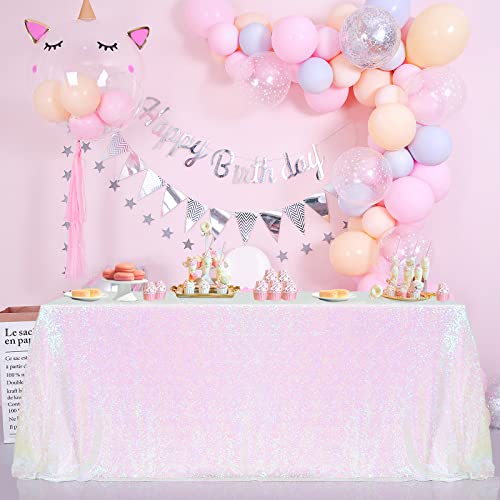 Image of B-COOL Sequin Tablecloth White Iridescent Table Overlay Rainbow Table Cloths 90x132inch Seamless Tablecloth Sparkly Wedding Party Decorations