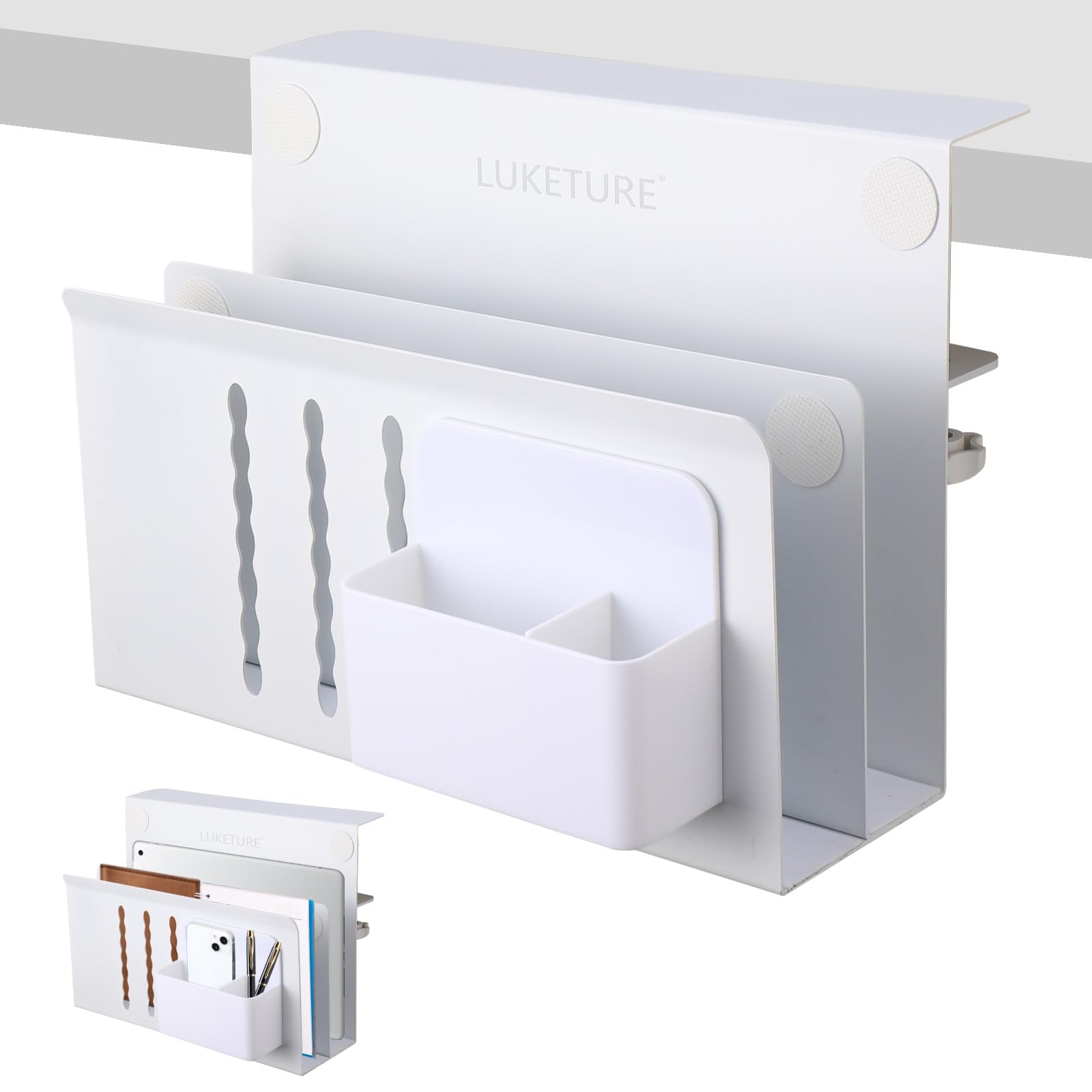 LUKETURE Desk Side Storage, 2 Tier Steel Side Desk Organizer, No Drill Laptop Holder, Clamp on Laptop Mount with Pen Holder, Fits Flat Edge Tables 0.3