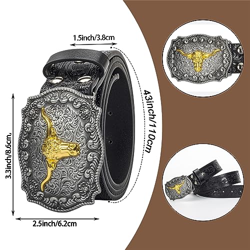 Genuine Leather belts for Men, Western Cowboy Belt, Bull Buckle, Vintage Floral Engraved, 25 to 38" waist2