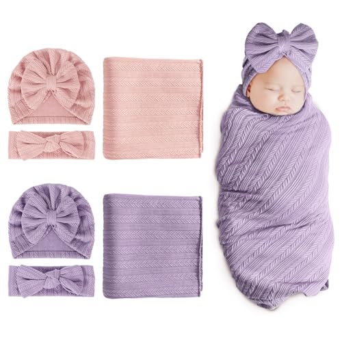 Image of DRESHOW BQUBO Newborn Receiving Blanket Headband Hat Set for Baby, Unisex Baby Boys Girls Essentials, Newborn Registry Must Haves, Stroller Crib Shower Gifts