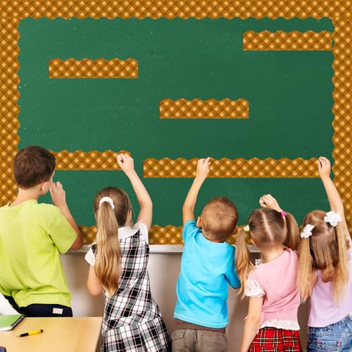 Image of BeYumi Fall Plaid Border Trim - 65ft Fall Pumpkin Plaid Scalloped Rolled Border Trim Autumn Thanksgiving Brown Bulletin Board Set Harvest Themed Party Decor Classroom Office Chalkboard Door Decoration