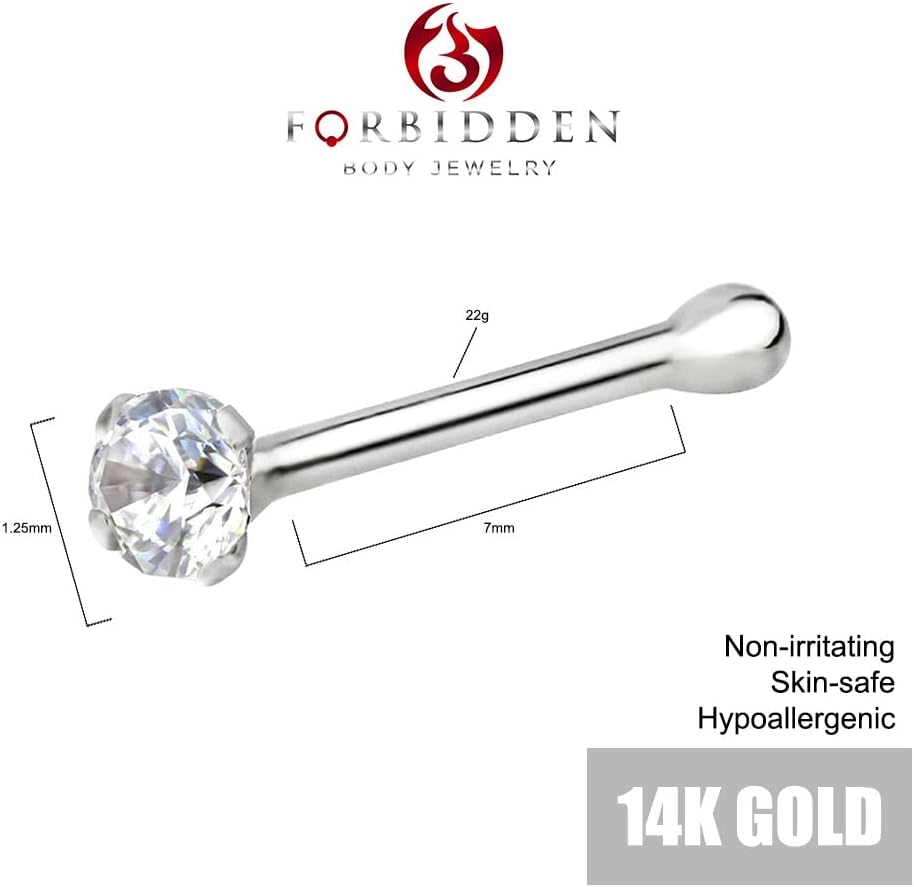 Forbidden Body Jewelry FBJ 14k Nose Ring, 22g, Solid 7mm Micro Stud, 2mm CZ Simulated Diamond, Non-Irritating Skin Safe Real Gold, Women/Men (Sold Individually)