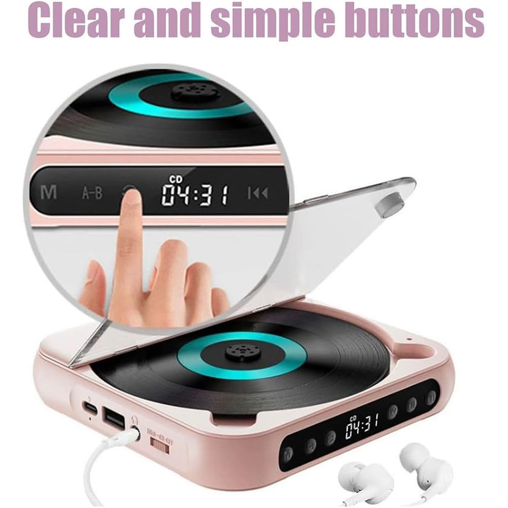 Fi Reproductor de CD portátil, funciona con batería recargable, reproducción de música inalámbrica y con cable, diseño compacto y ligero para viajes en casa