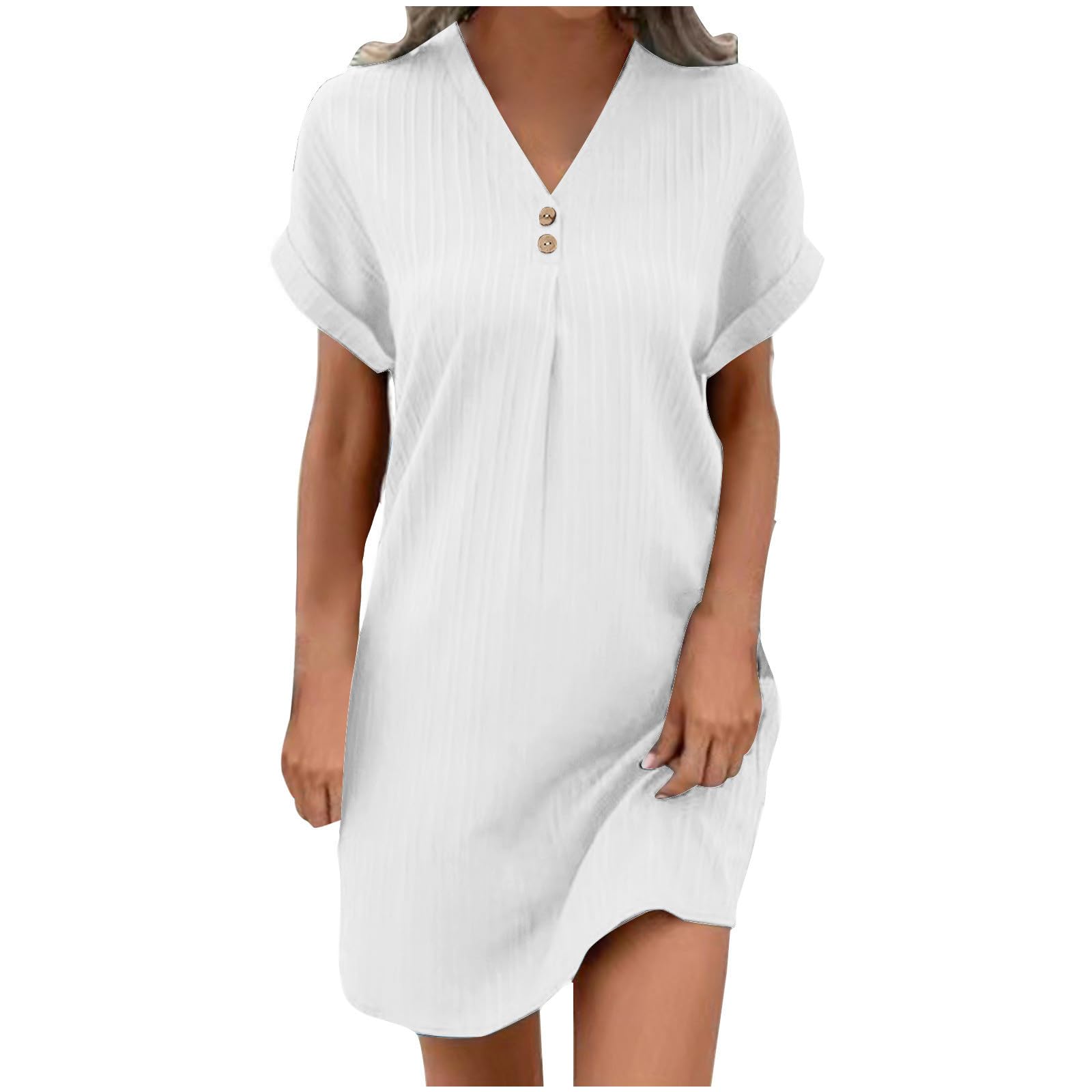 AMhomely Womens Summer Holiday Dresses UK-Short Sleeve Knee Length Dress,Button V Neck Casual Dresses,Loose Plain Sundress,Baggy Cover Ups,Beachwear Loose Tunic Shift Dresses B White XL
